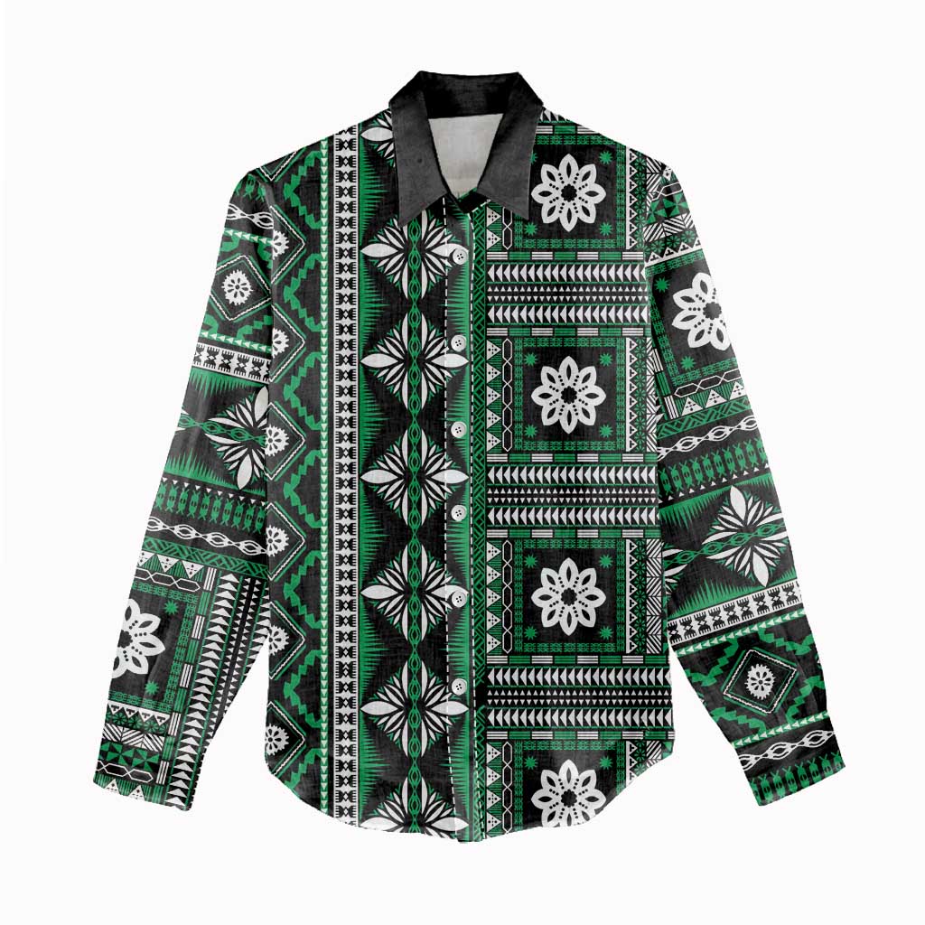 Fiji Masi Tapa Pattern Green Women Casual Shirt - Polynesian Pride
