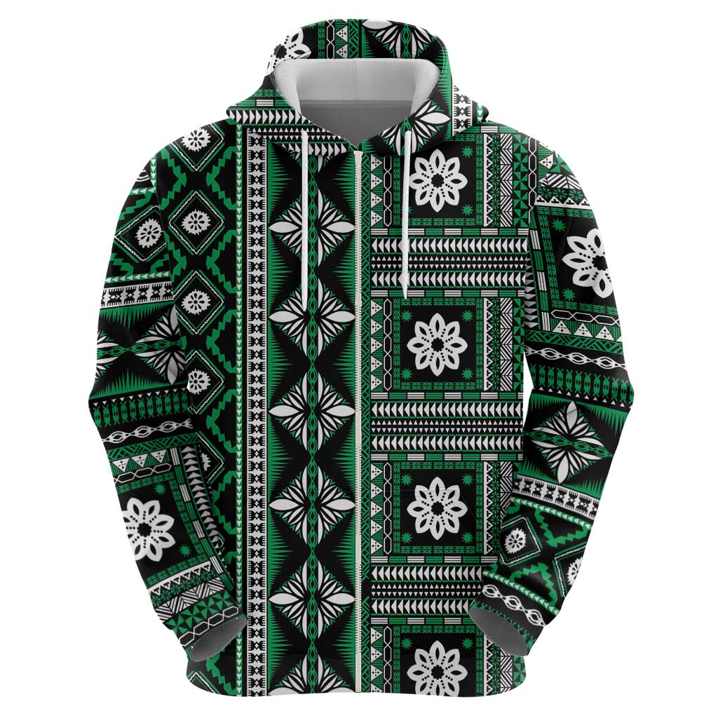 Fiji Masi Tapa Pattern Green Zip Hoodie - Polynesian Pride