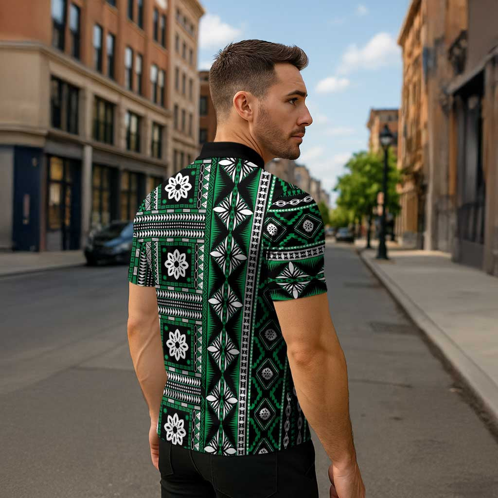 Fiji Masi Tapa Pattern Green Zipper Polo Shirt - Polynesian Pride