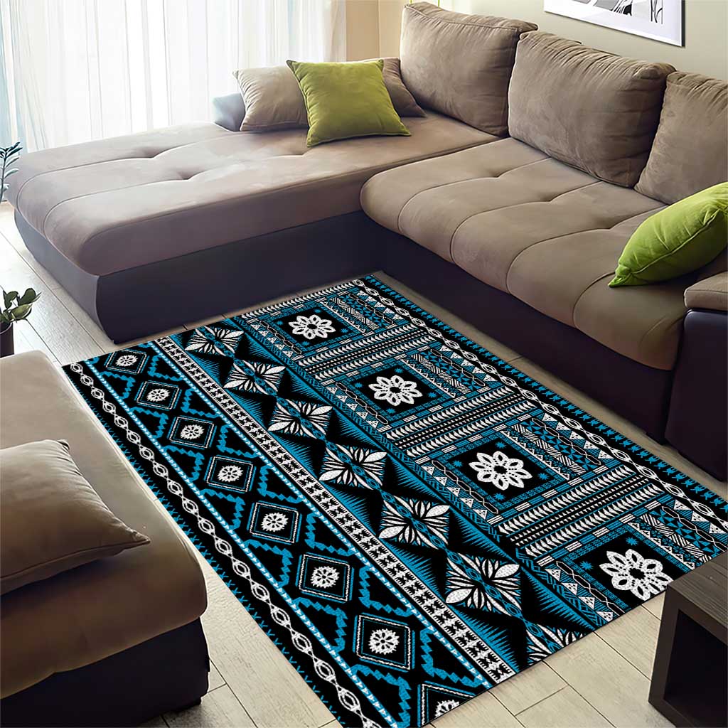 Fiji Masi Tapa Pattern Blue Area Rug - Polynesian Pride