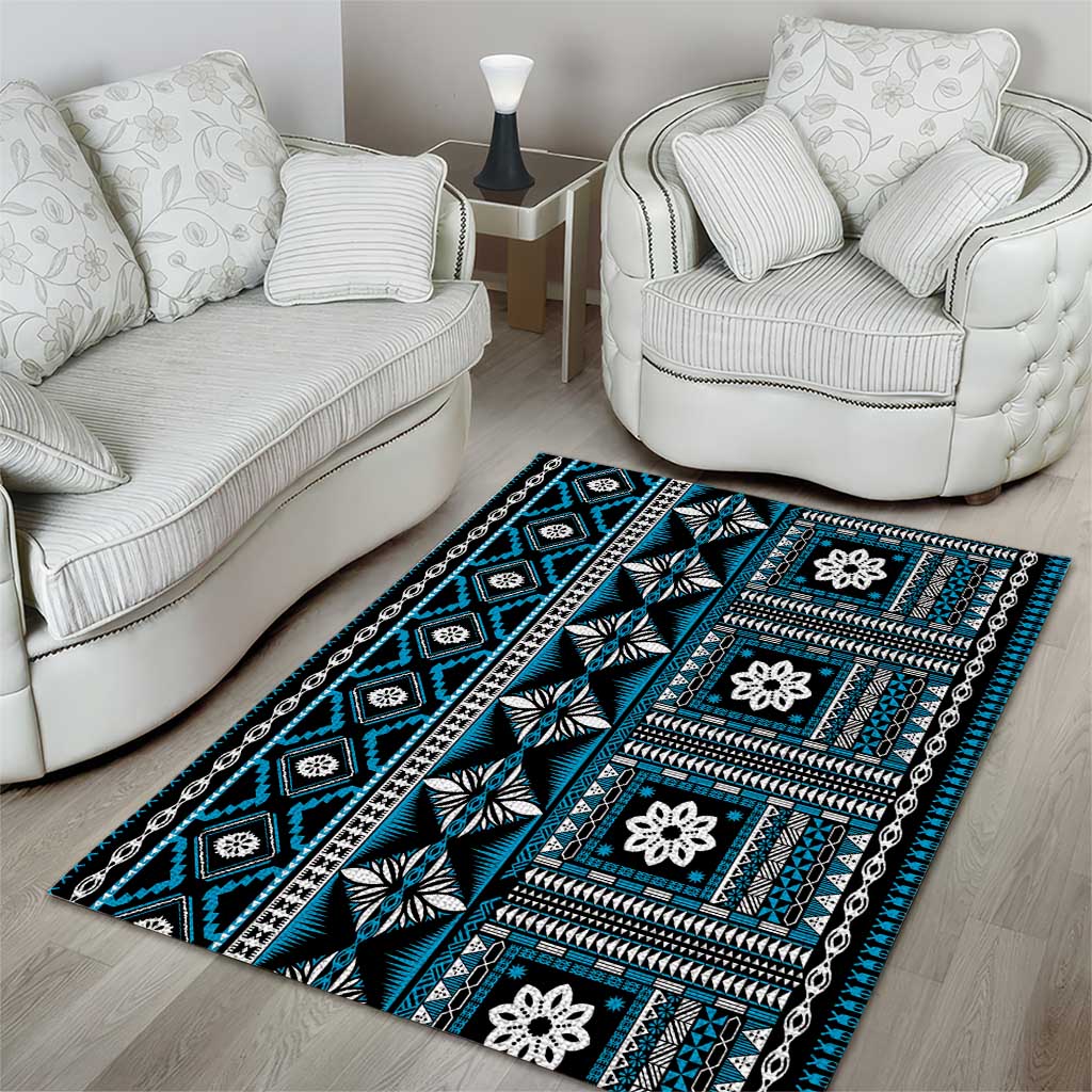 Fiji Masi Tapa Pattern Blue Area Rug - Polynesian Pride