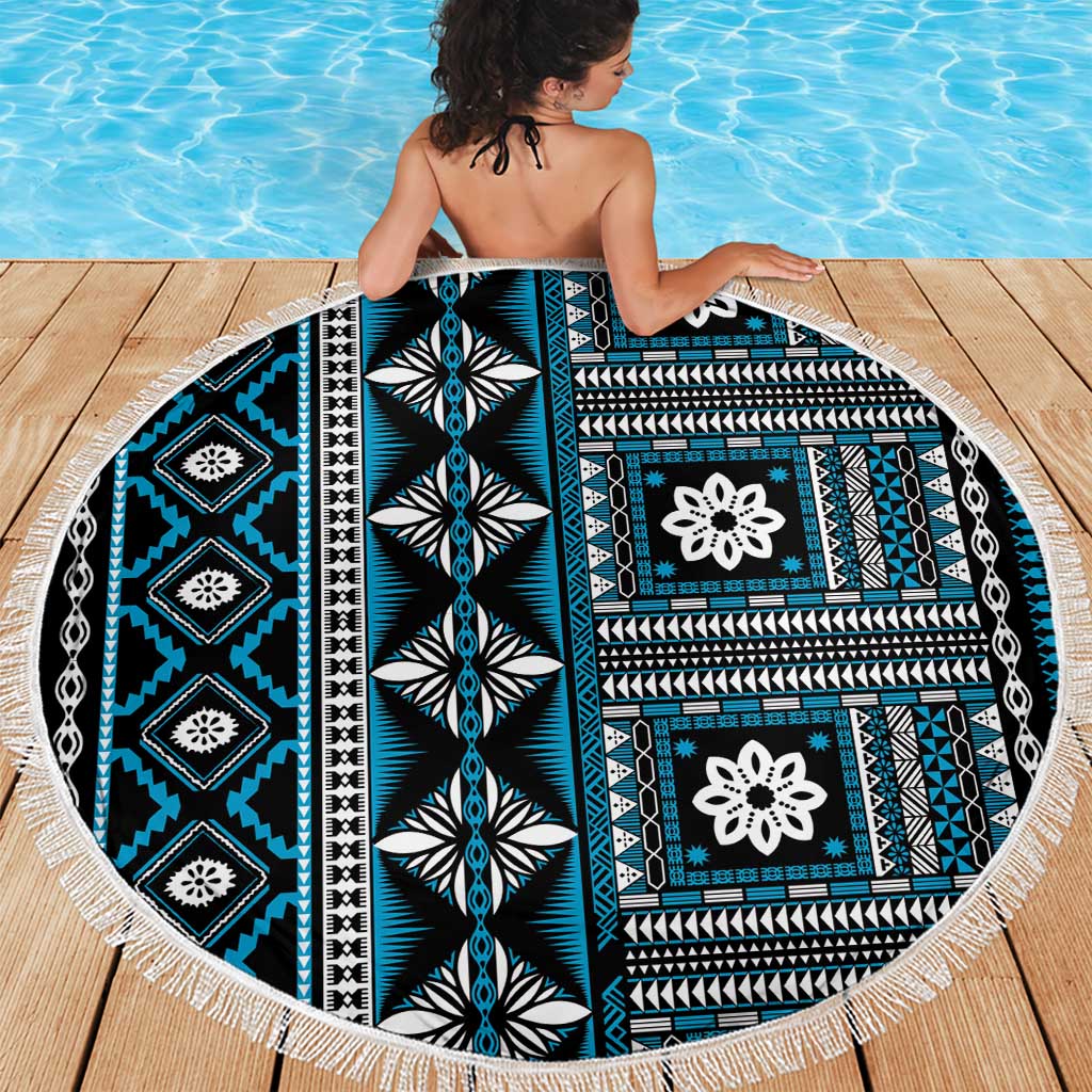 Fiji Masi Tapa Pattern Blue Beach Blanket - Polynesian Pride