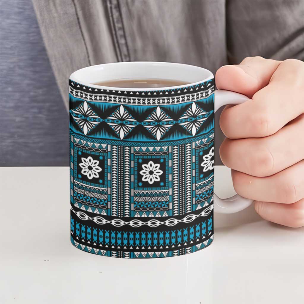 Fiji Masi Tapa Pattern Blue Ceramic Mug - Polynesian Pride