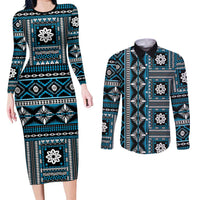 Fiji Masi Tapa Pattern Blue Couples Matching Long Sleeve Bodycon Dress and Long Sleeve Button Shirt - Polynesian Pride