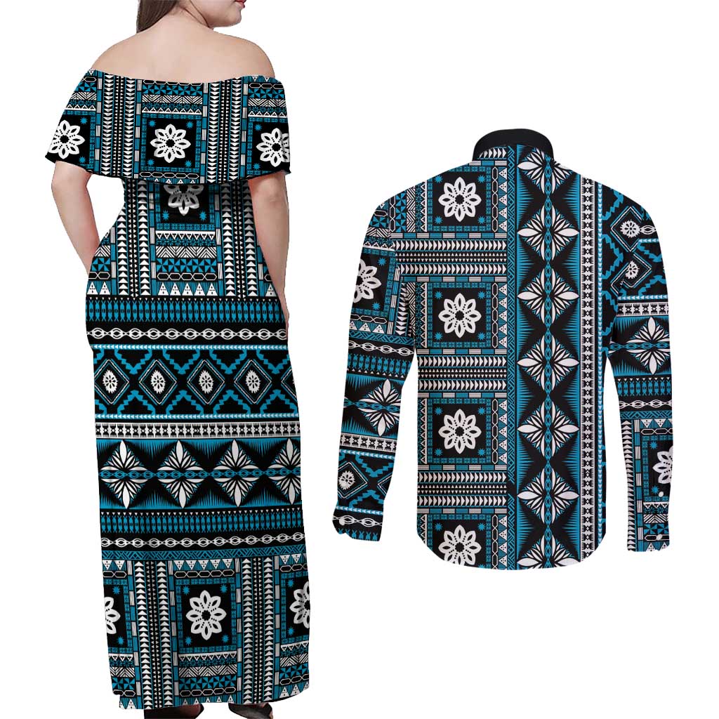 Fiji Masi Tapa Pattern Blue Couples Matching Off Shoulder Maxi Dress and Long Sleeve Button Shirt - Polynesian Pride
