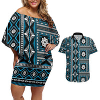 Fiji Masi Tapa Pattern Blue Couples Matching Off Shoulder Short Dress and Hawaiian Shirt - Polynesian Pride