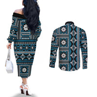 Fiji Masi Tapa Pattern Blue Couples Matching Off The Shoulder Long Sleeve Dress and Long Sleeve Button Shirt - Polynesian Pride