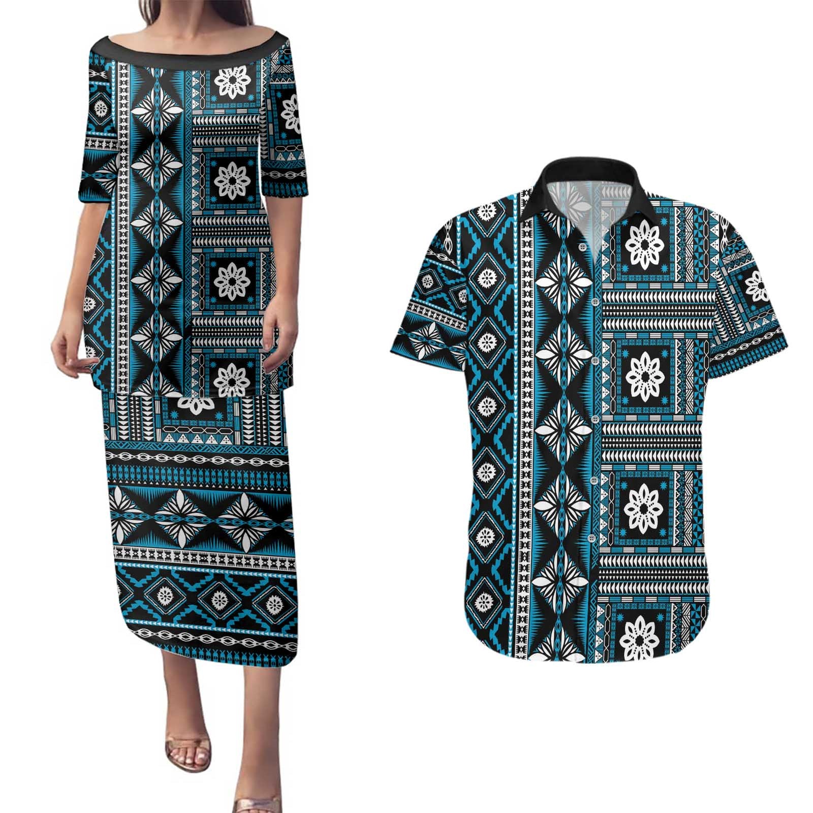 Fiji Masi Tapa Pattern Blue Couples Matching Puletasi and Hawaiian Shirt - Polynesian Pride