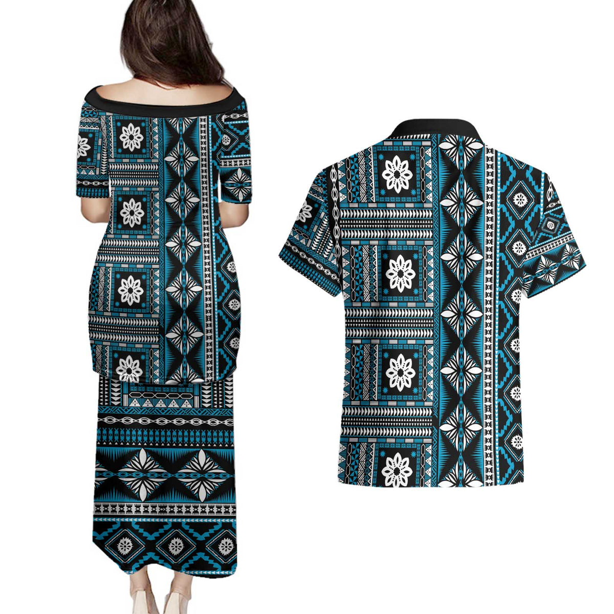 Fiji Masi Tapa Pattern Blue Couples Matching Puletasi and Hawaiian Shirt - Polynesian Pride