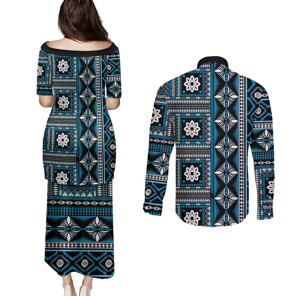 Fiji Masi Tapa Pattern Blue Couples Matching Puletasi and Long Sleeve Button Shirt - Polynesian Pride