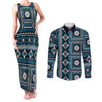 Fiji Masi Tapa Pattern Blue Couples Matching Tank Maxi Dress and Long Sleeve Button Shirt - Polynesian Pride