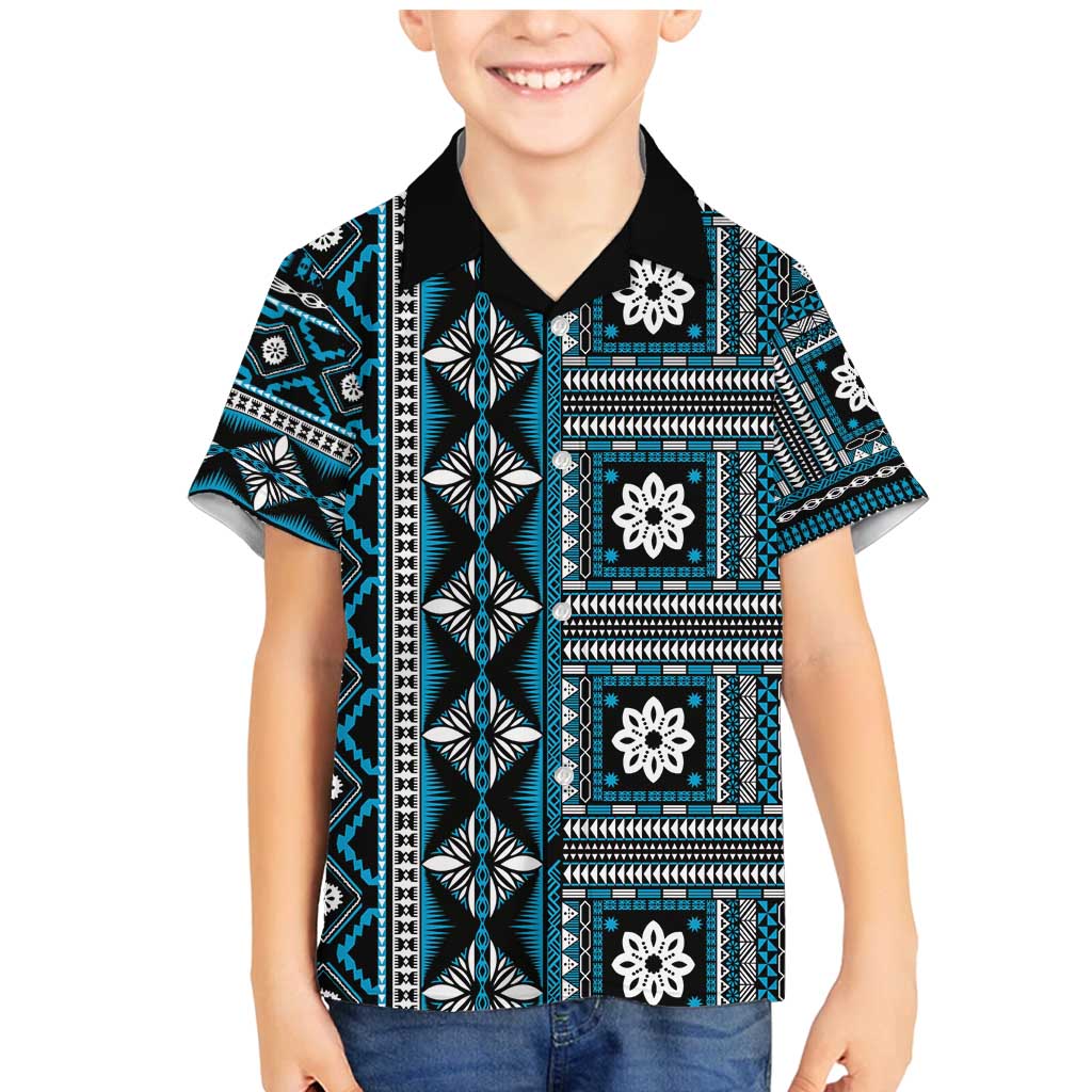 Fiji Masi Tapa Pattern Blue Family Matching Mermaid Dress and Hawaiian Shirt - Polynesian Pride