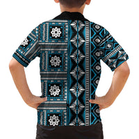 Fiji Masi Tapa Pattern Blue Family Matching Off The Shoulder Long Sleeve Dress and Hawaiian Shirt - Polynesian Pride