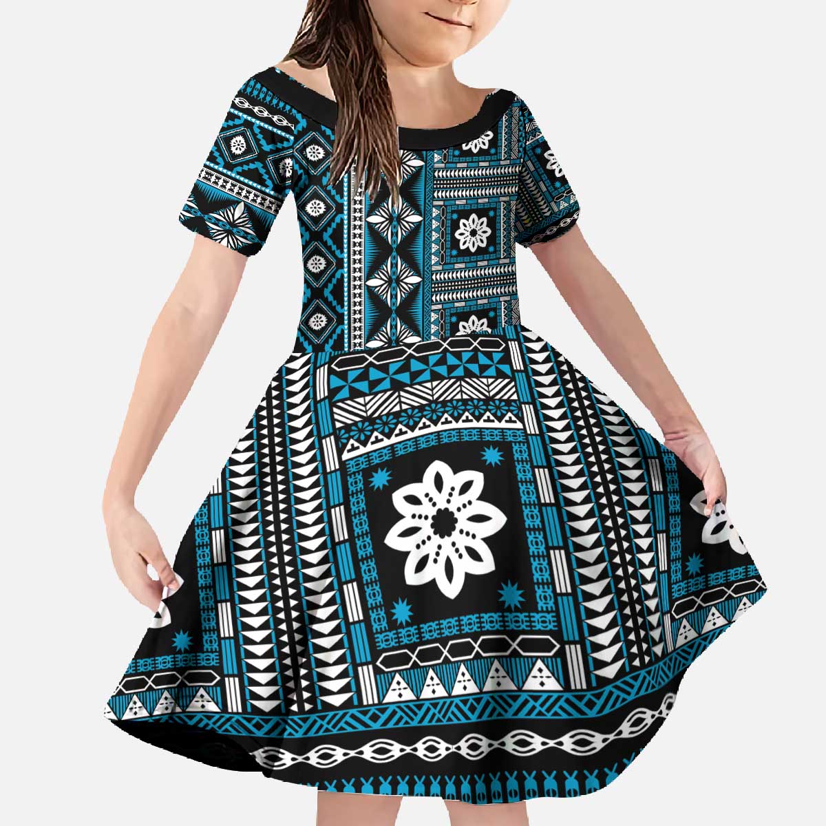 Fiji Masi Tapa Pattern Blue Family Matching Off The Shoulder Long Sleeve Dress and Hawaiian Shirt - Polynesian Pride