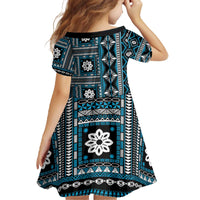 Fiji Masi Tapa Pattern Blue Family Matching Off The Shoulder Long Sleeve Dress and Hawaiian Shirt - Polynesian Pride