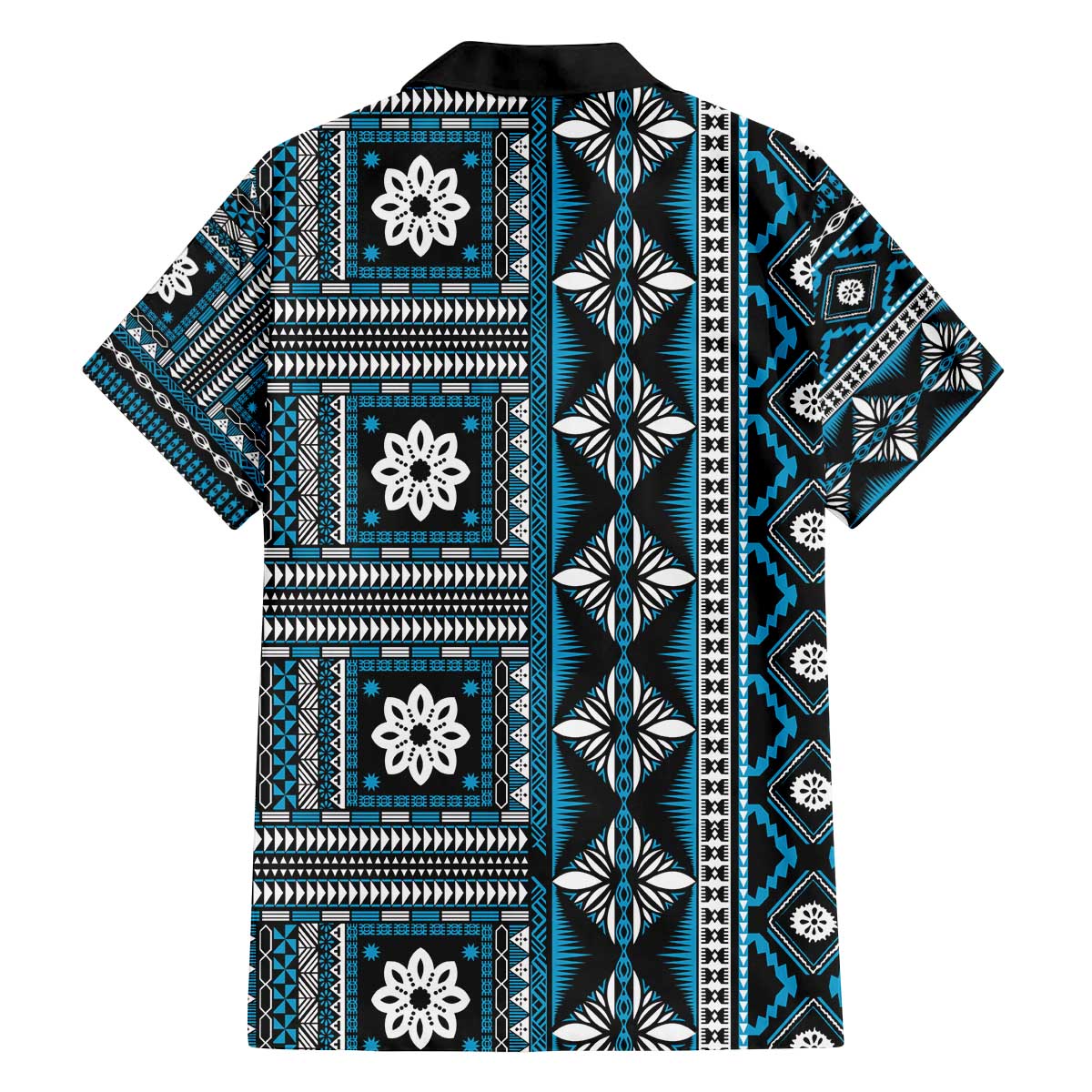 Fiji Masi Tapa Pattern Blue Family Matching Off The Shoulder Long Sleeve Dress and Hawaiian Shirt - Polynesian Pride