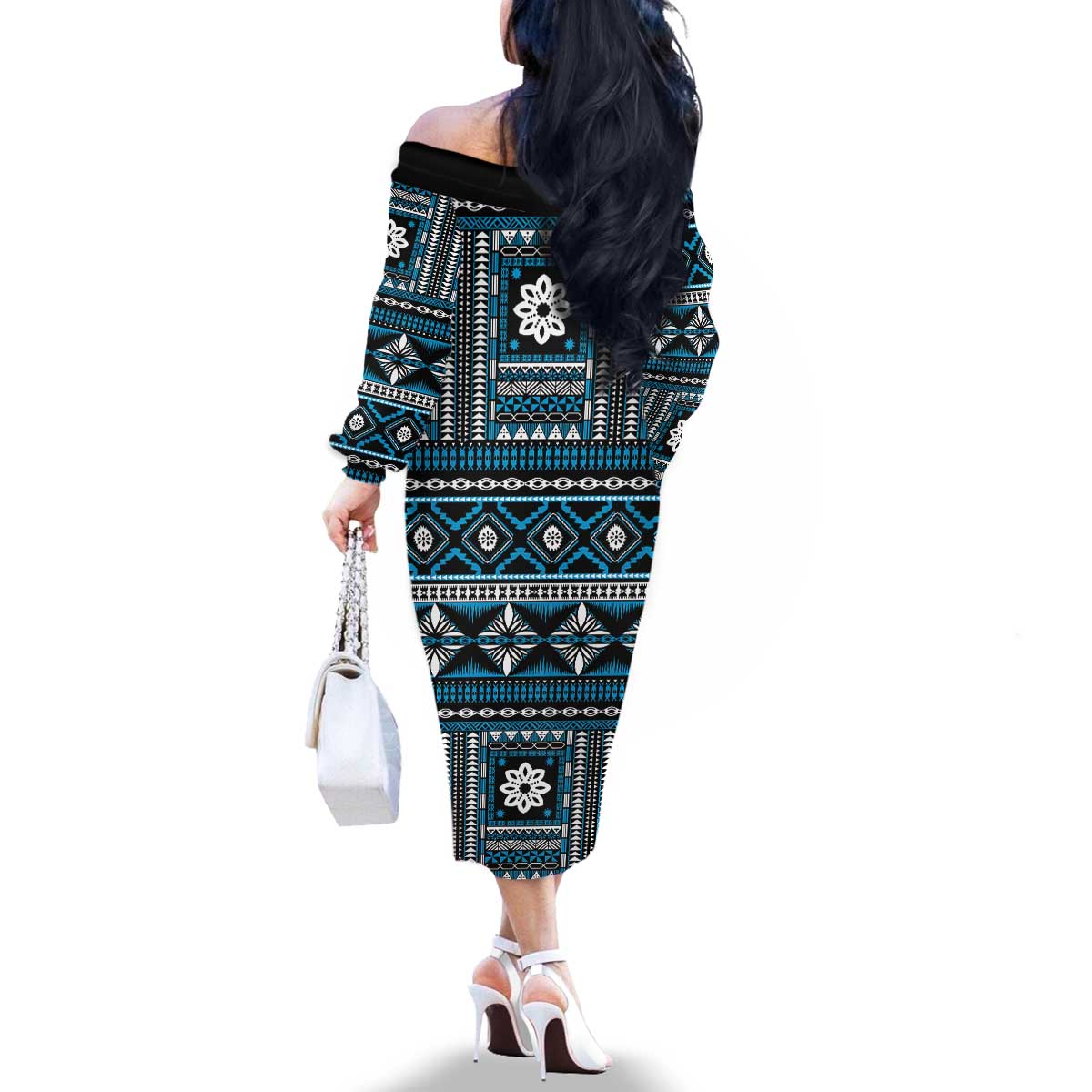 Fiji Masi Tapa Pattern Blue Family Matching Off The Shoulder Long Sleeve Dress and Hawaiian Shirt - Polynesian Pride