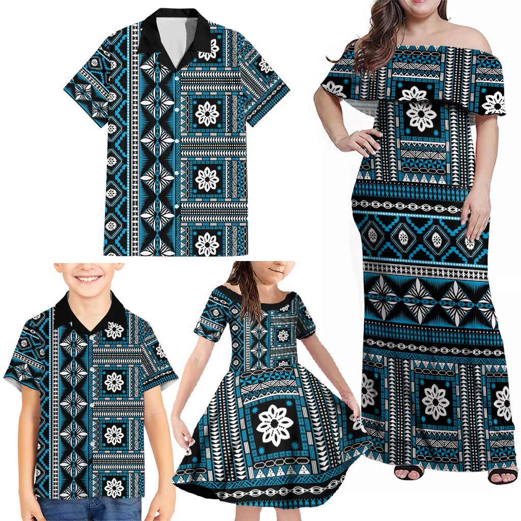Fiji Masi Tapa Pattern Blue Family Matching Off Shoulder Maxi Dress and Hawaiian Shirt - Polynesian Pride