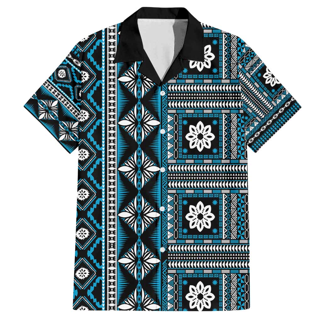 Fiji Masi Tapa Pattern Blue Family Matching Off Shoulder Maxi Dress and Hawaiian Shirt - Polynesian Pride