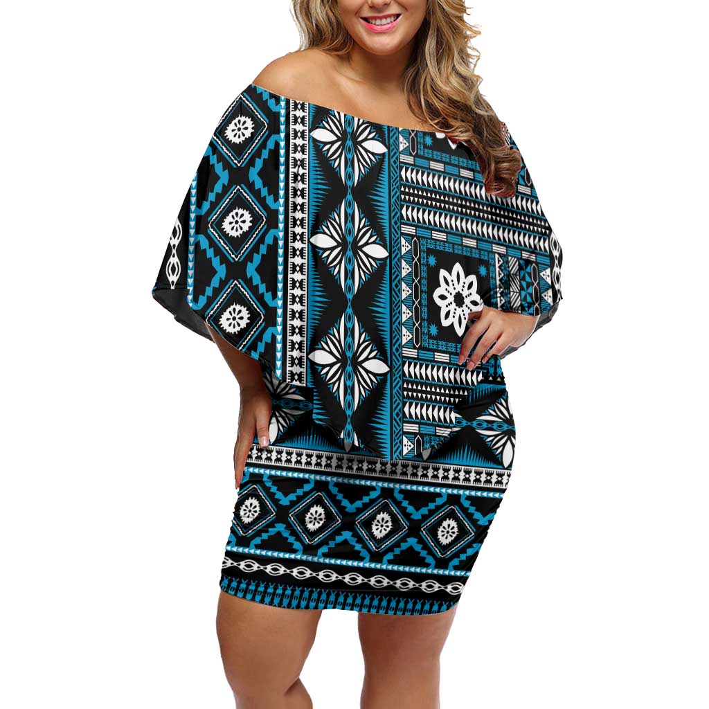 Fiji Masi Tapa Pattern Blue Family Matching Off Shoulder Short Dress and Hawaiian Shirt - Polynesian Pride