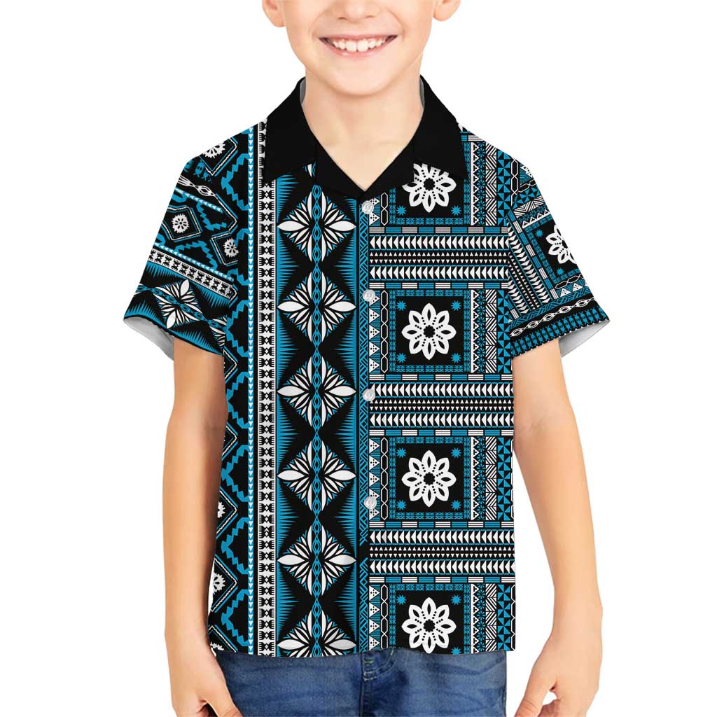 Fiji Masi Tapa Pattern Blue Family Matching Off Shoulder Short Dress and Hawaiian Shirt - Polynesian Pride