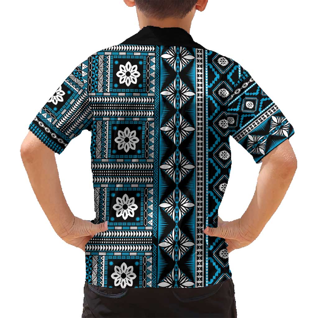 Fiji Masi Tapa Pattern Blue Family Matching Tank Maxi Dress and Hawaiian Shirt - Polynesian Pride