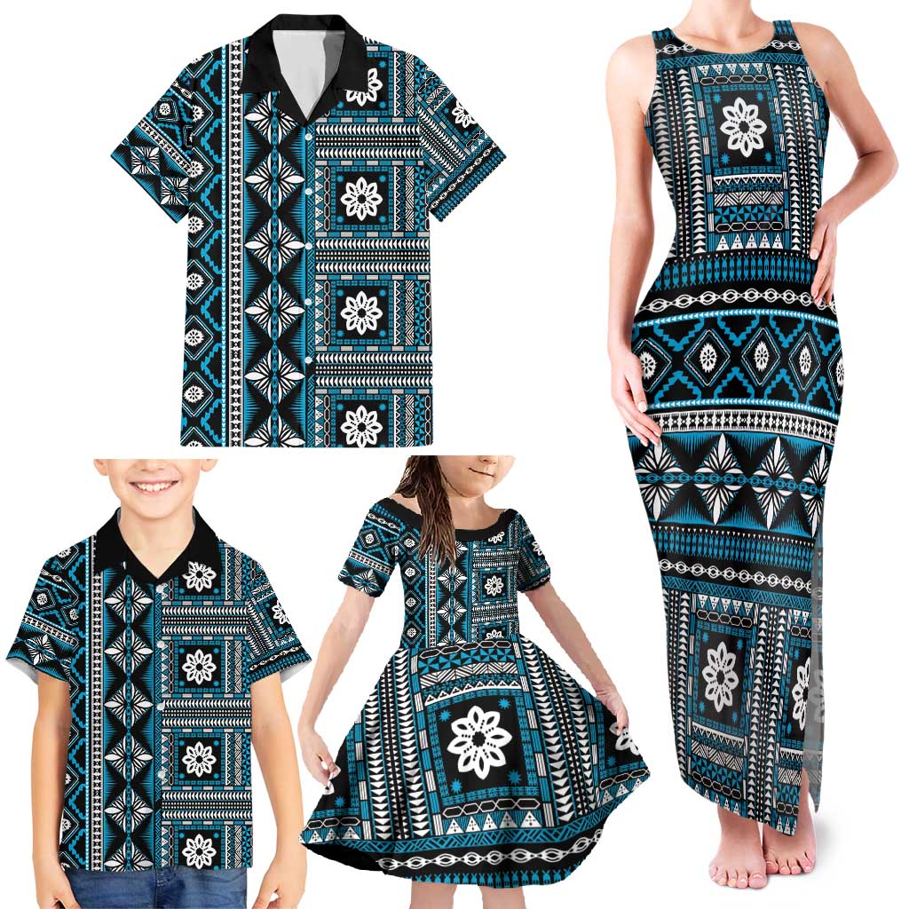 Fiji Masi Tapa Pattern Blue Family Matching Tank Maxi Dress and Hawaiian Shirt - Polynesian Pride