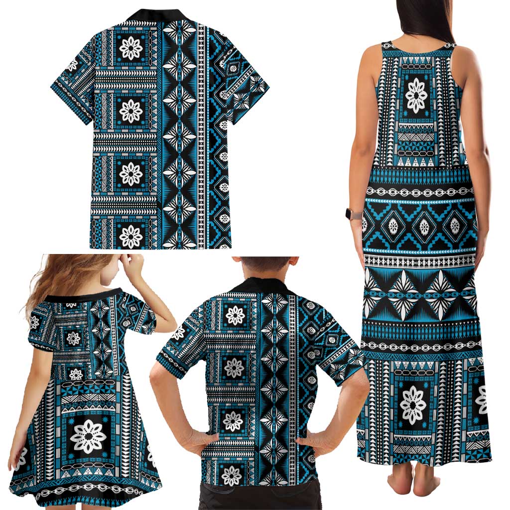 Fiji Masi Tapa Pattern Blue Family Matching Tank Maxi Dress and Hawaiian Shirt - Polynesian Pride