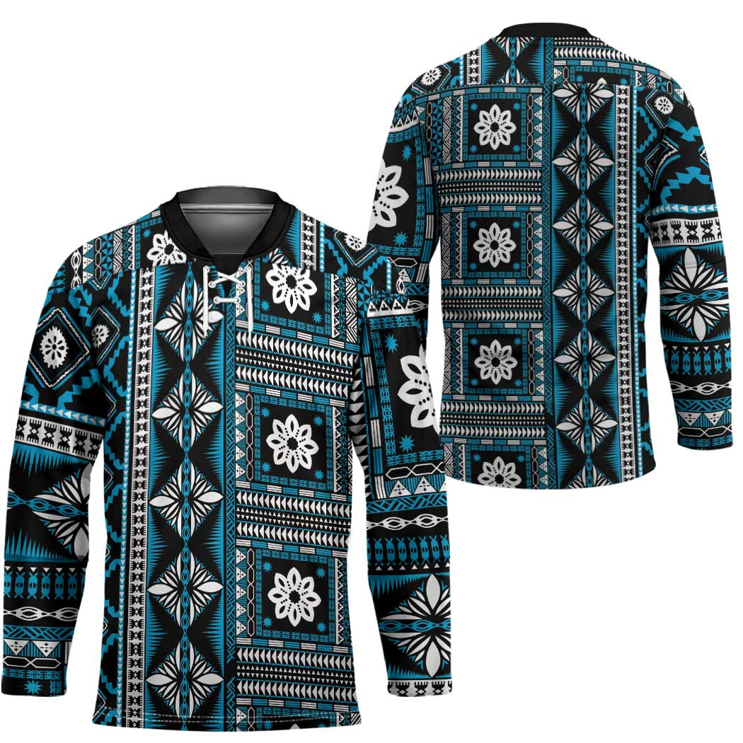 Fiji Masi Tapa Pattern Blue Hockey Jersey - Polynesian Pride