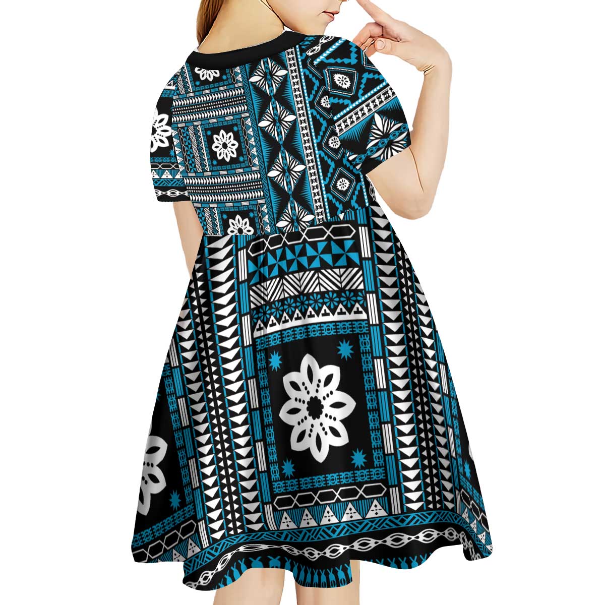 Fiji Masi Tapa Pattern Blue Kid Short Sleeve Dress - Polynesian Pride