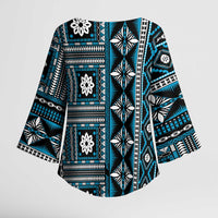 Fiji Masi Tapa Pattern Blue Kimono Sleeve Blouse - Polynesian Pride