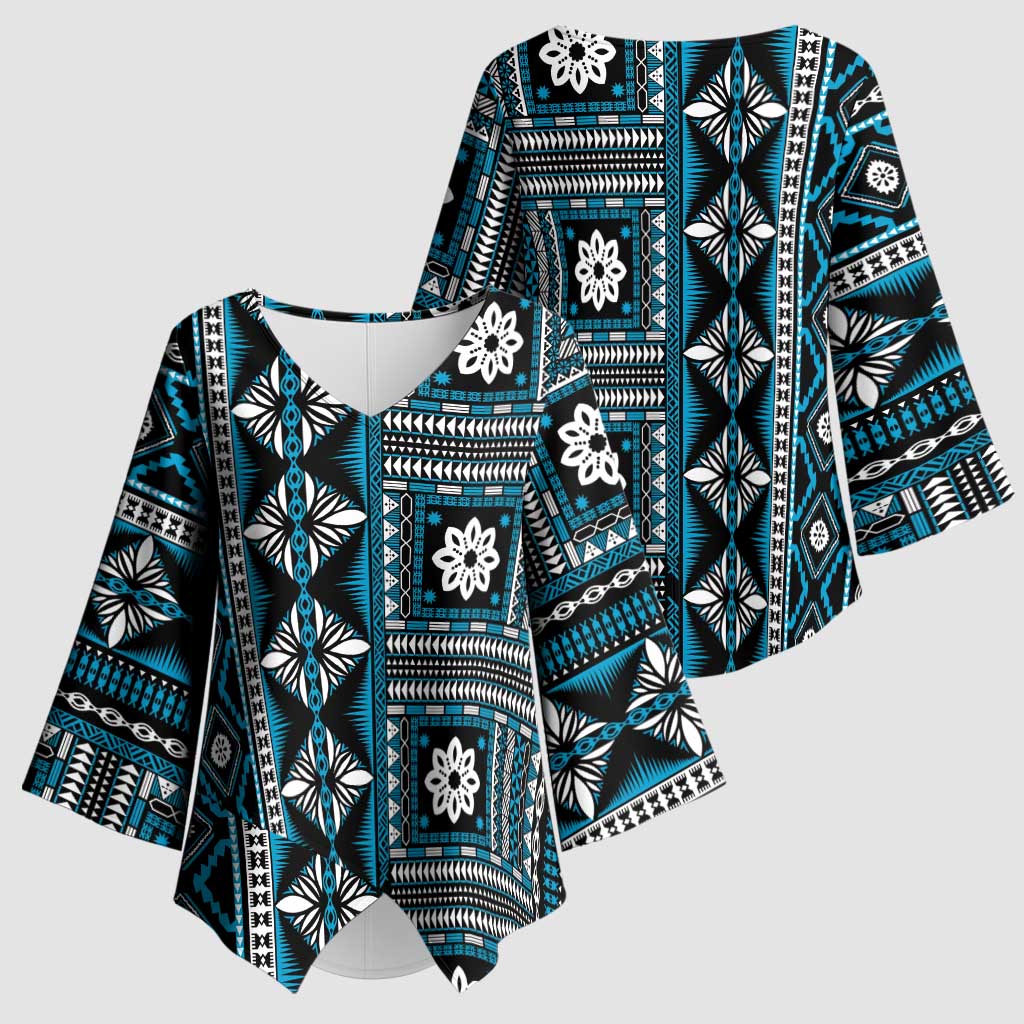 Fiji Masi Tapa Pattern Blue Kimono Sleeve Blouse - Polynesian Pride