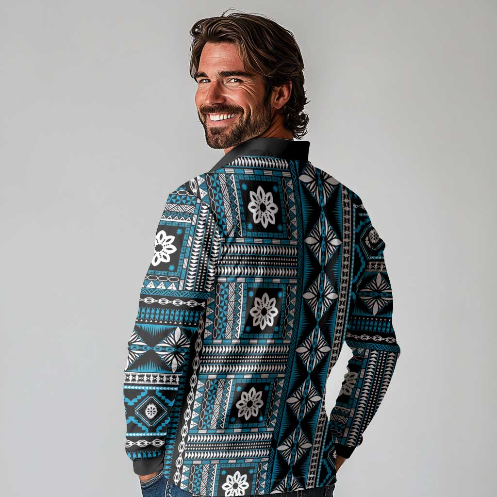 Fiji Masi Tapa Pattern Blue Long Sleeve Polo Shirt - Polynesian Pride