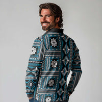 Fiji Masi Tapa Pattern Blue Long Sleeve Polo Shirt - Polynesian Pride