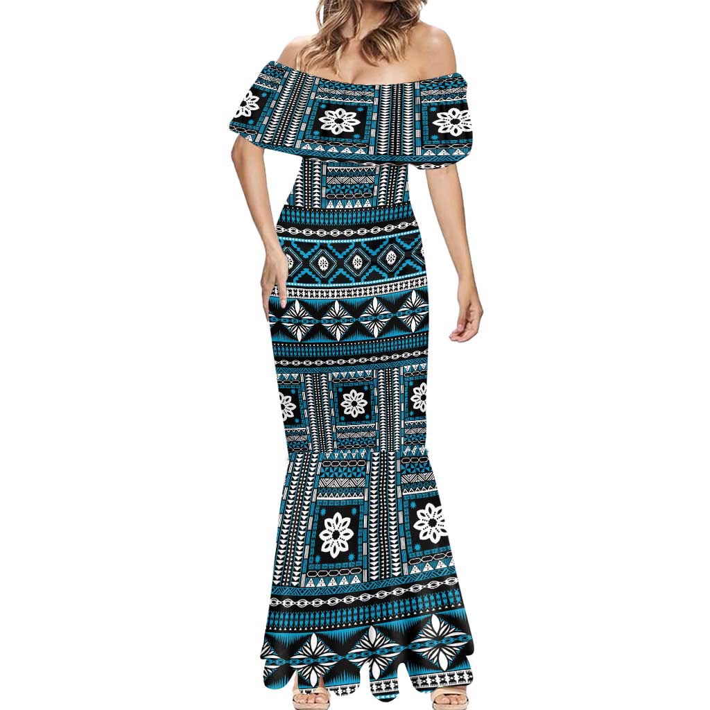 Fiji Masi Tapa Pattern Blue Mermaid Dress - Polynesian Pride
