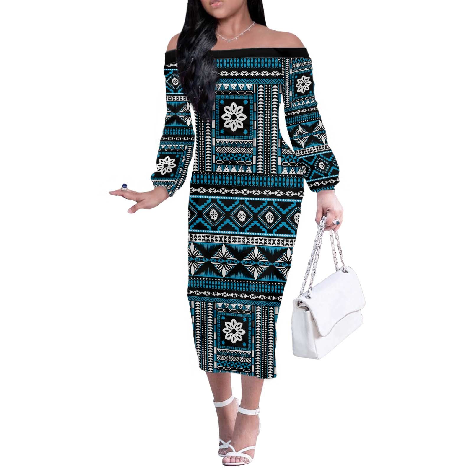 Fiji Masi Tapa Pattern Blue Off The Shoulder Long Sleeve Dress - Polynesian Pride