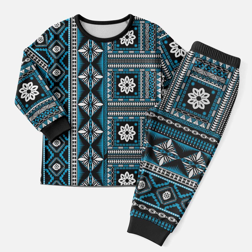 Fiji Masi Tapa Pattern Blue Christmas Pajama Set - Polynesian Pride
