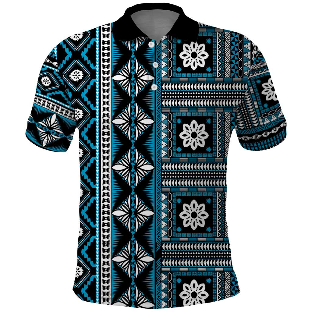 Fiji Masi Tapa Pattern Blue Polo Shirt - Polynesian Pride