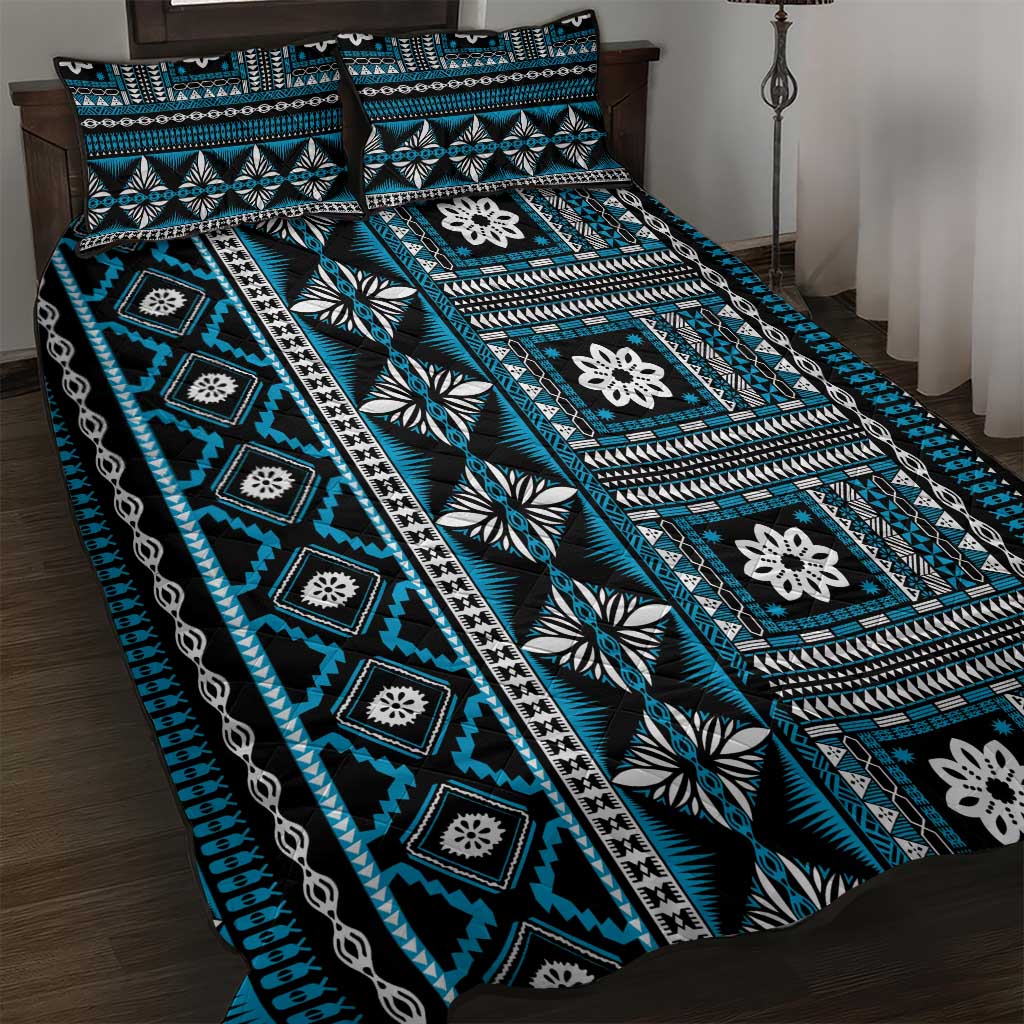 Fiji Masi Tapa Pattern Blue Quilt Bed Set - Polynesian Pride