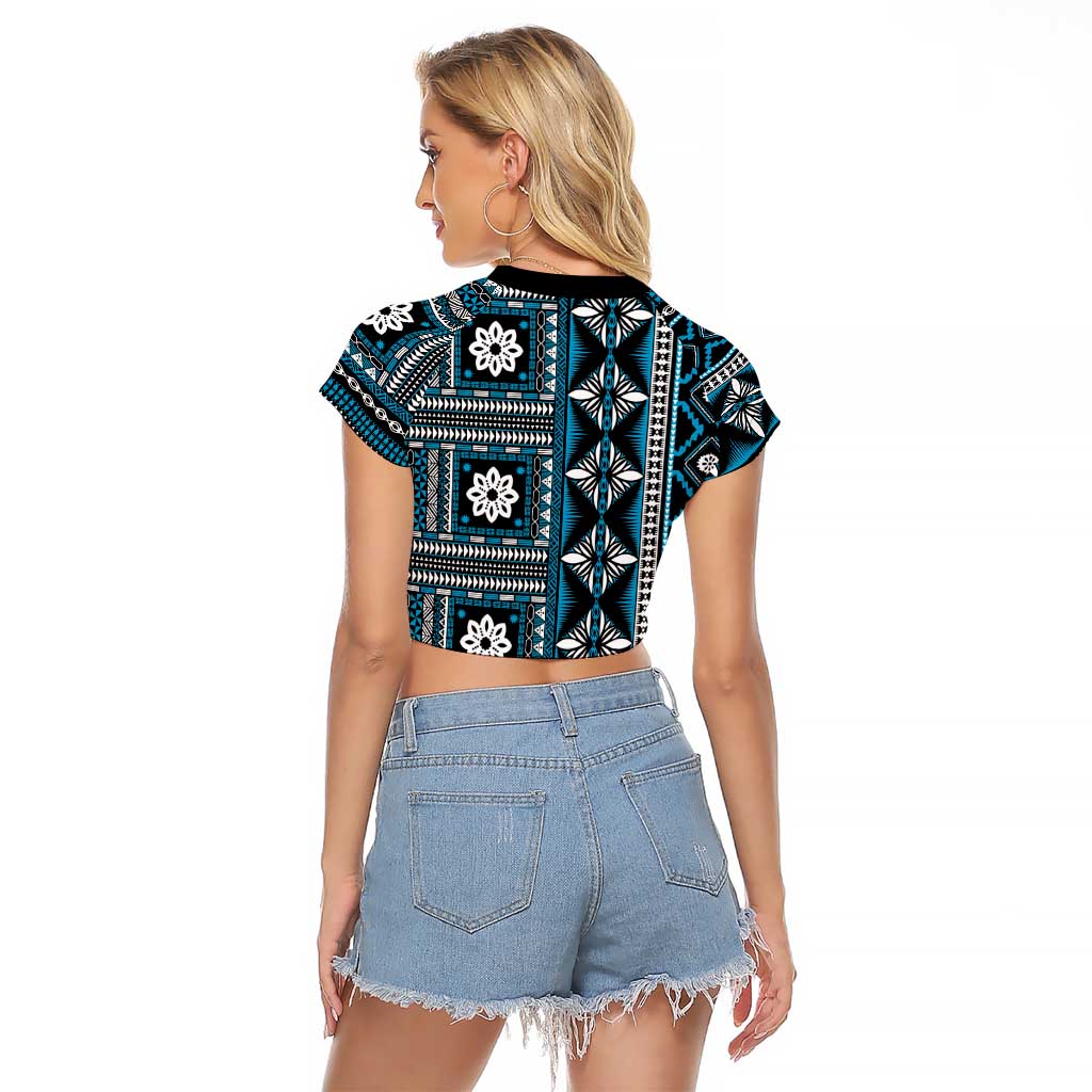 Fiji Masi Tapa Pattern Blue Raglan Cropped T Shirt - Polynesian Pride