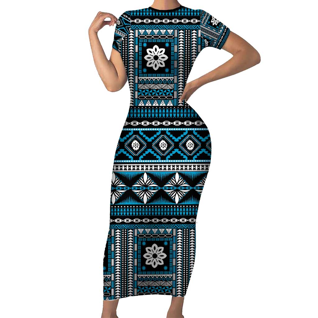 Fiji Masi Tapa Pattern Blue Short Sleeve Bodycon Dress - Polynesian Pride