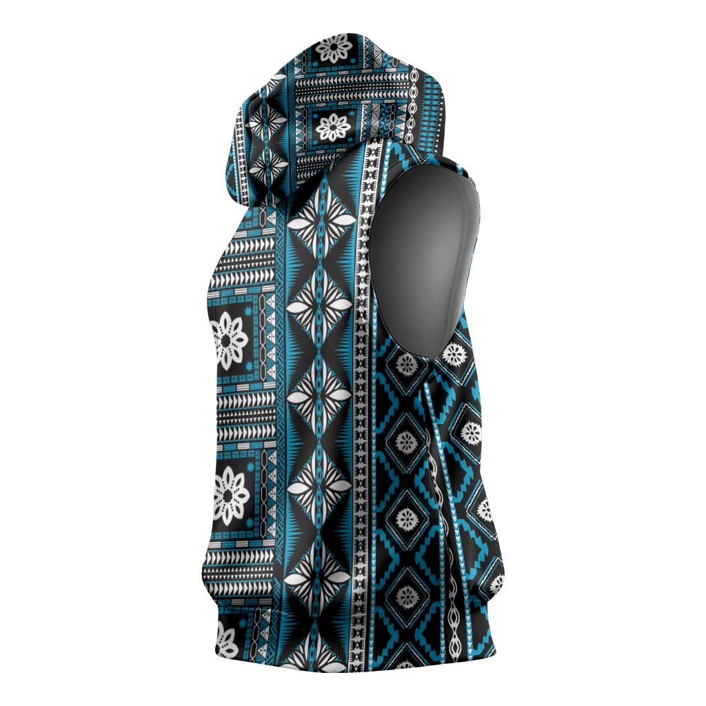 Fiji Masi Tapa Pattern Blue Sleeveless Hoodie - Polynesian Pride
