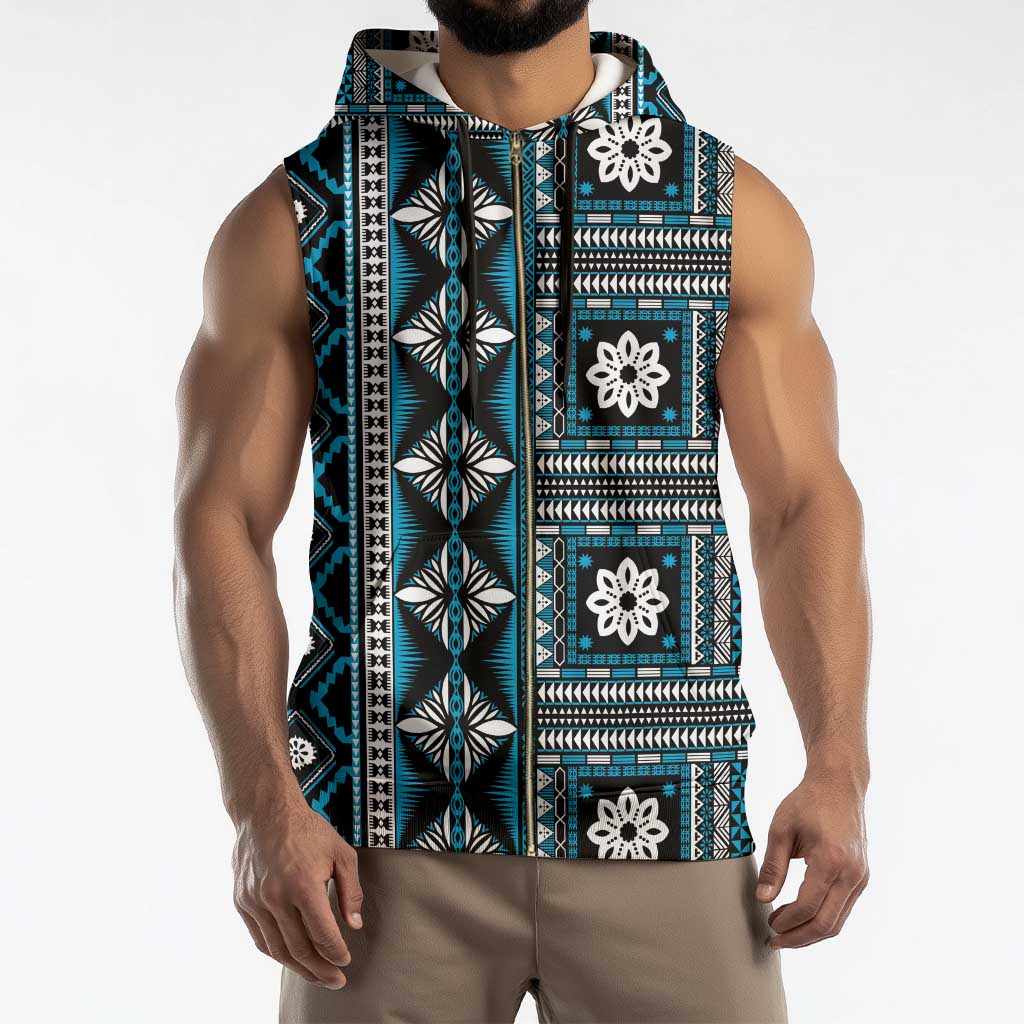 Fiji Masi Tapa Pattern Blue Sleeveless Zip Hoodie - Polynesian Pride