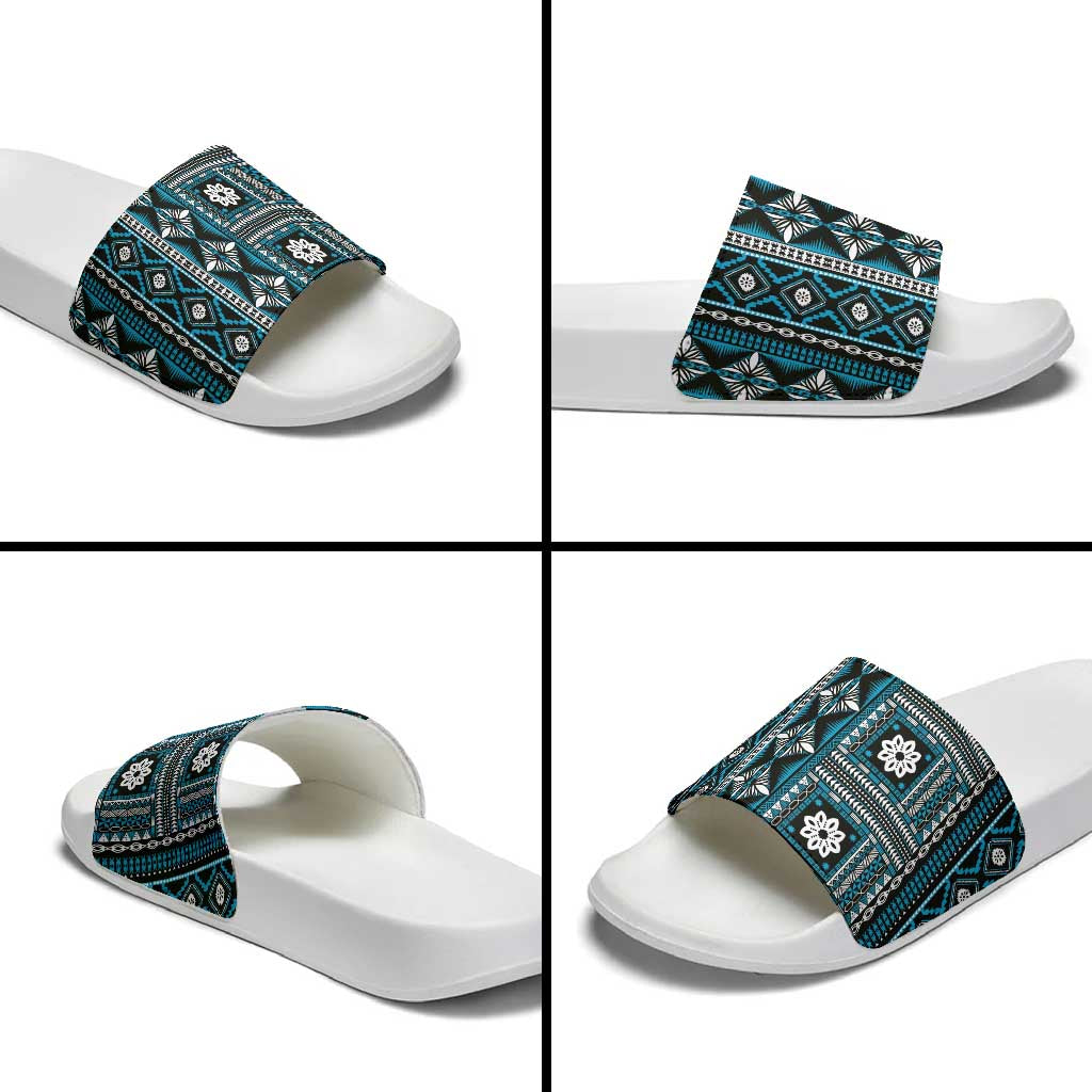 Fiji Masi Tapa Pattern Blue Slide Sandals - Polynesian Pride