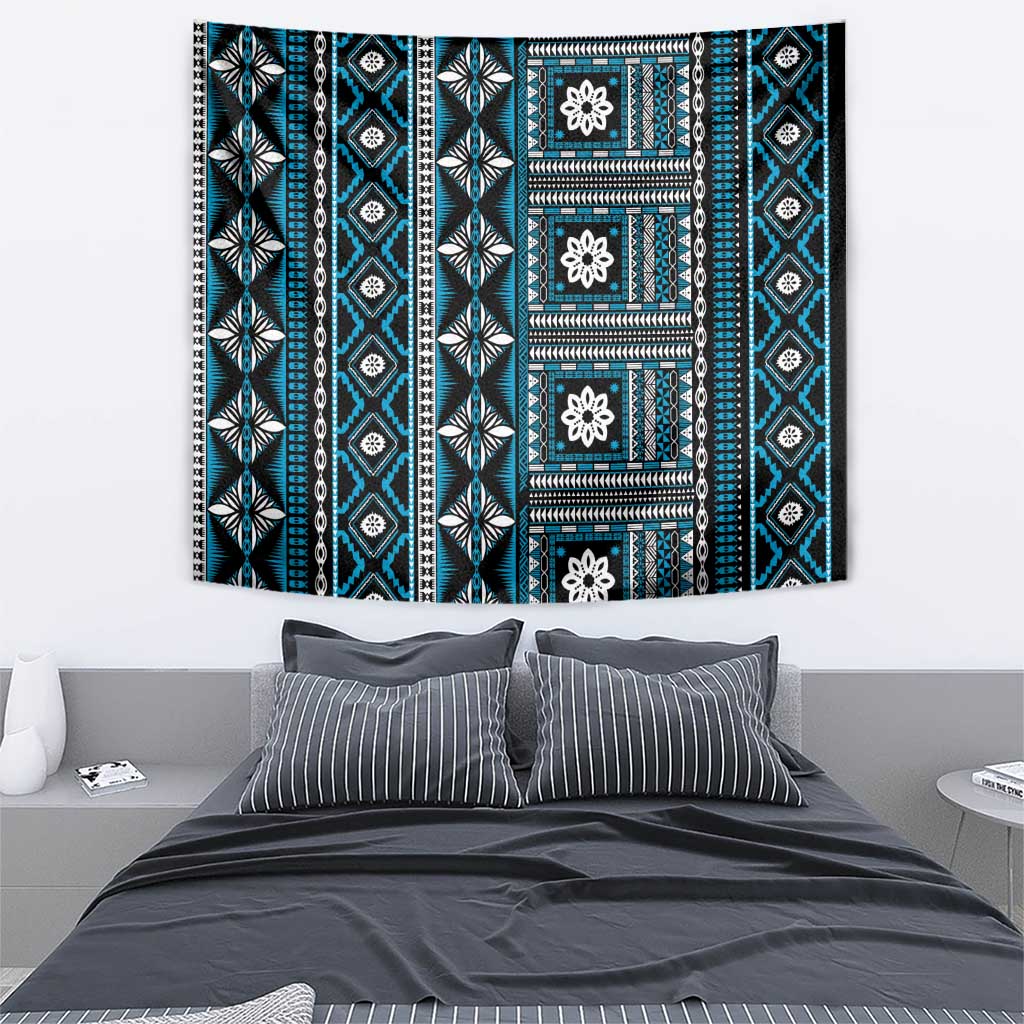 Fiji Masi Tapa Pattern Blue Tapestry - Polynesian Pride