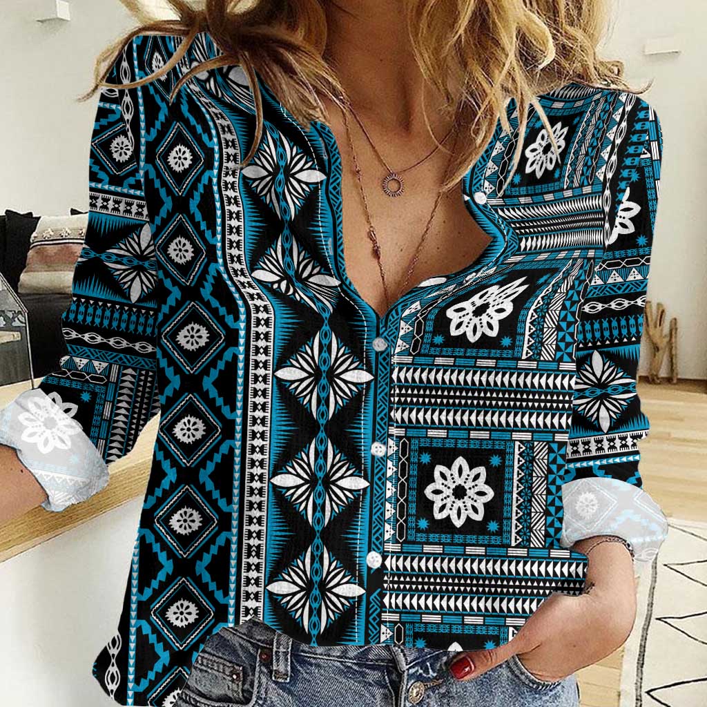 Fiji Masi Tapa Pattern Blue Women Casual Shirt - Polynesian Pride