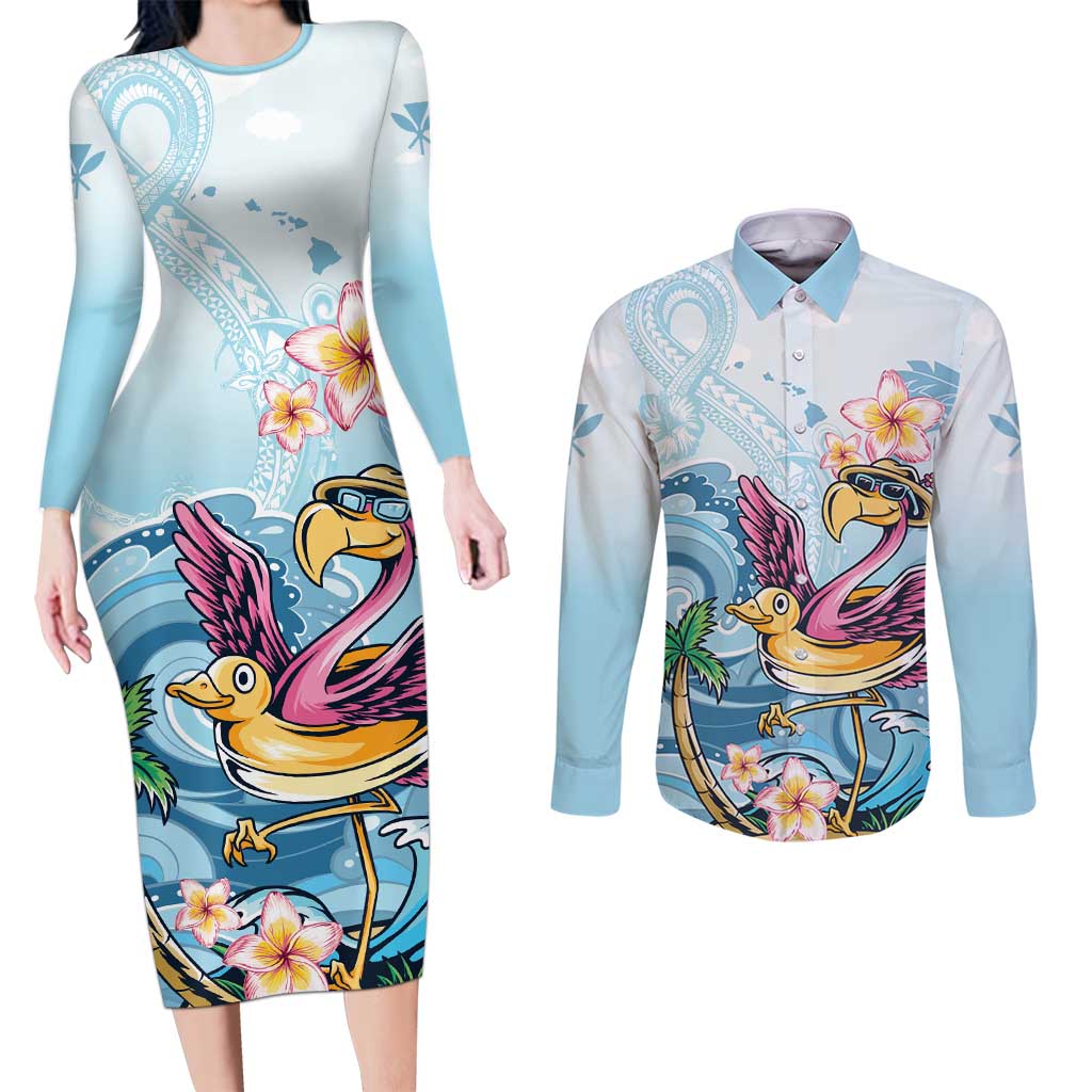 Hawaii Flamingo Couples Matching Long Sleeve Bodycon Dress and Long Sleeve Button Shirt Plumeria Tropical Beach