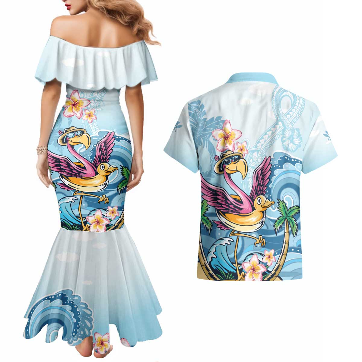 Hawaii Flamingo Couples Matching Mermaid Dress and Hawaiian Shirt Plumeria Tropical Beach LT01 - Polynesian Pride