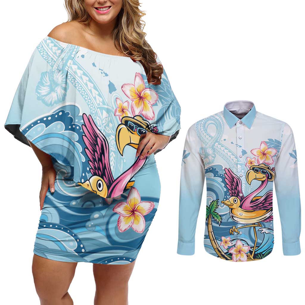 Hawaii Flamingo Couples Matching Off Shoulder Short Dress and Long Sleeve Button Shirt Plumeria Tropical Beach