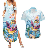 Hawaii Flamingo Couples Matching Summer Maxi Dress and Hawaiian Shirt Plumeria Tropical Beach